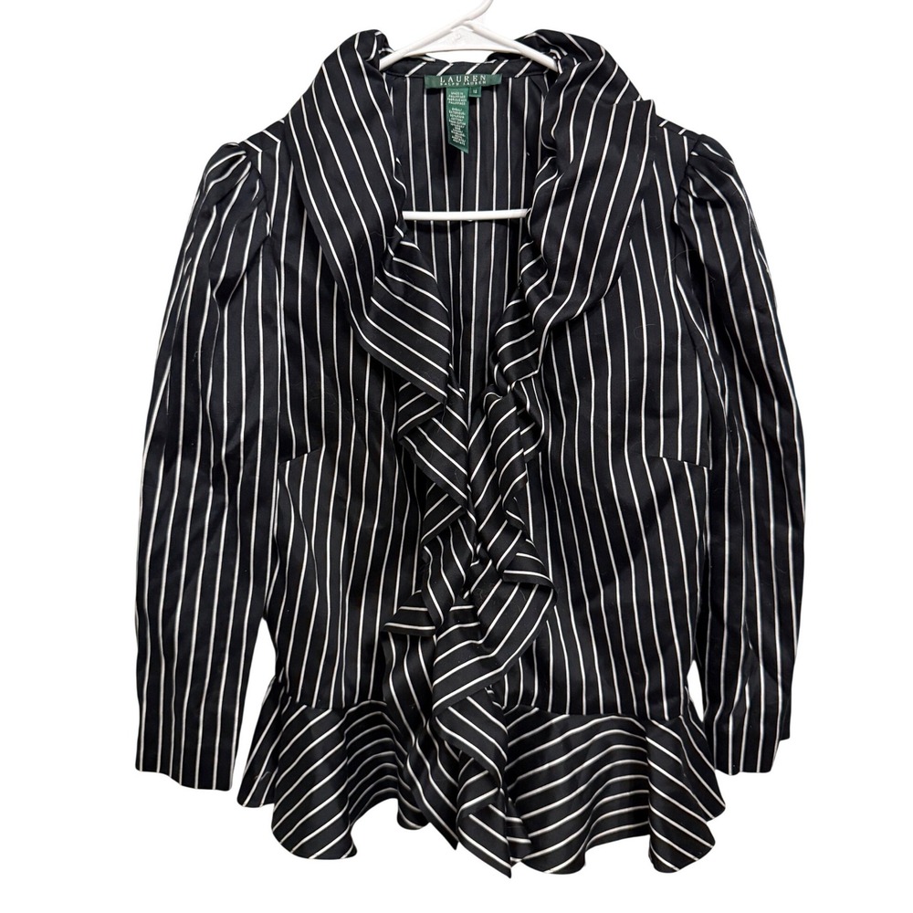 Lauren Ralph Lauren Striped Ruffle Peplum Blazer Black White Sz 12 Career Chic